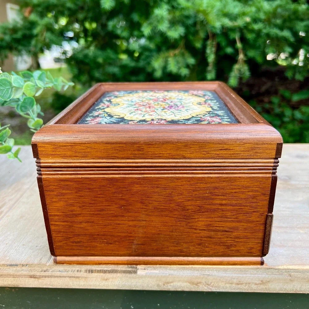 Vintage Floral Tapestry Wood Jewelry Box | Made in Japan